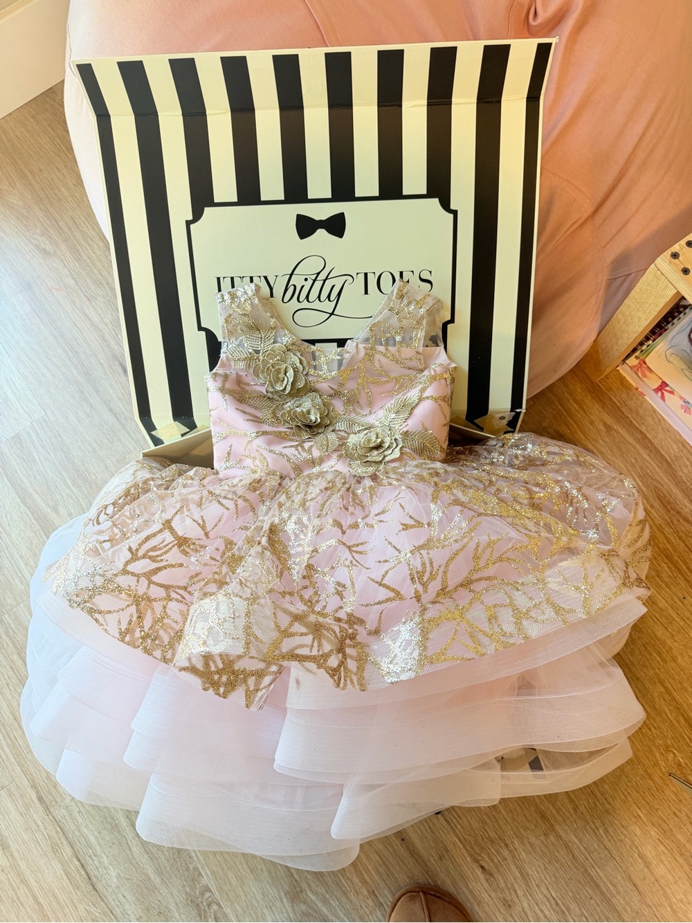 Itty Bitty Toes Pink and Gold Glitter Floral Tulle Party Dress